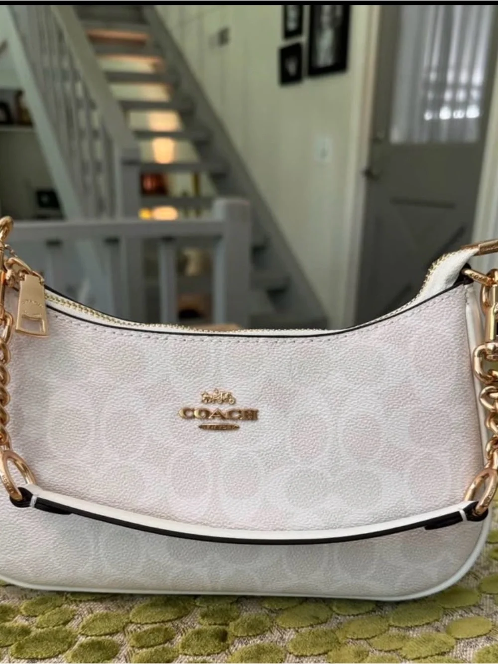 NWT Coach White Pebbled Leather Chain Shoulder Bag Crossbody Gold Hardware